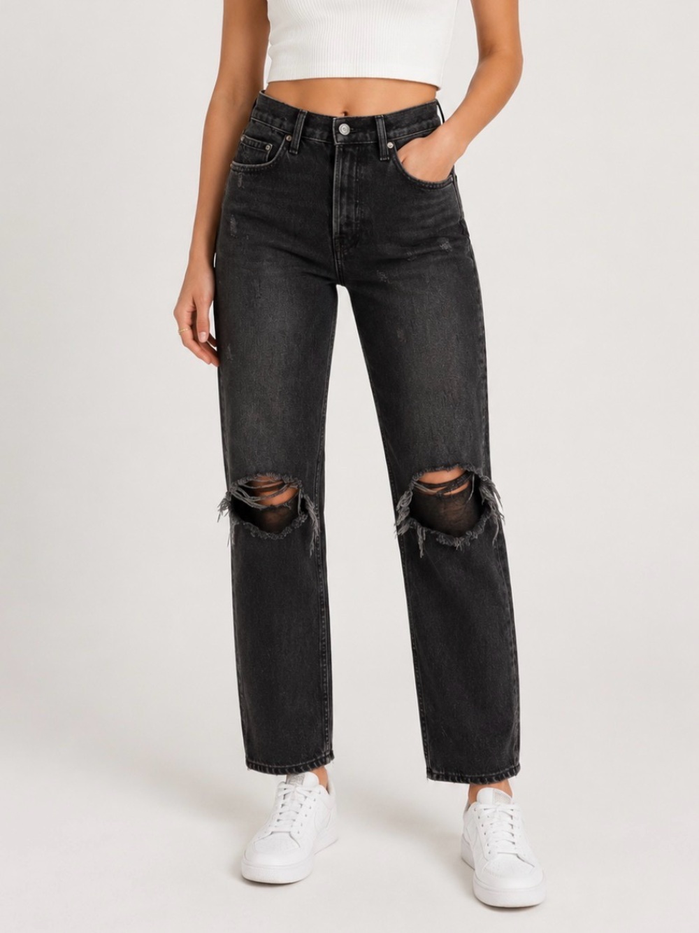 GRLFRND Washed Black Ripped Straight-Leg Jeans